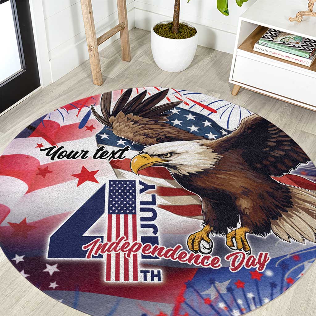 Round eagle face carpet with American flag stars and Independence Day lettering in blue
