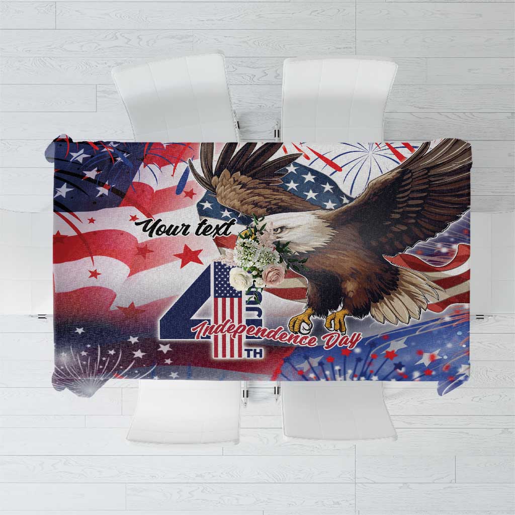 Patriotic tablecloth showing eagle with stars, fireworks, and Independence Day text