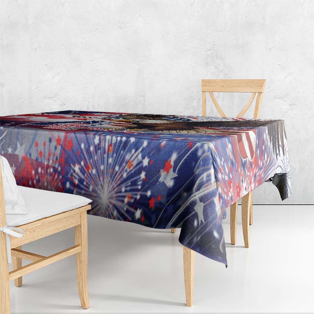 Patriotic tablecloth draped on a wooden bench with blue fireworks and star pattern