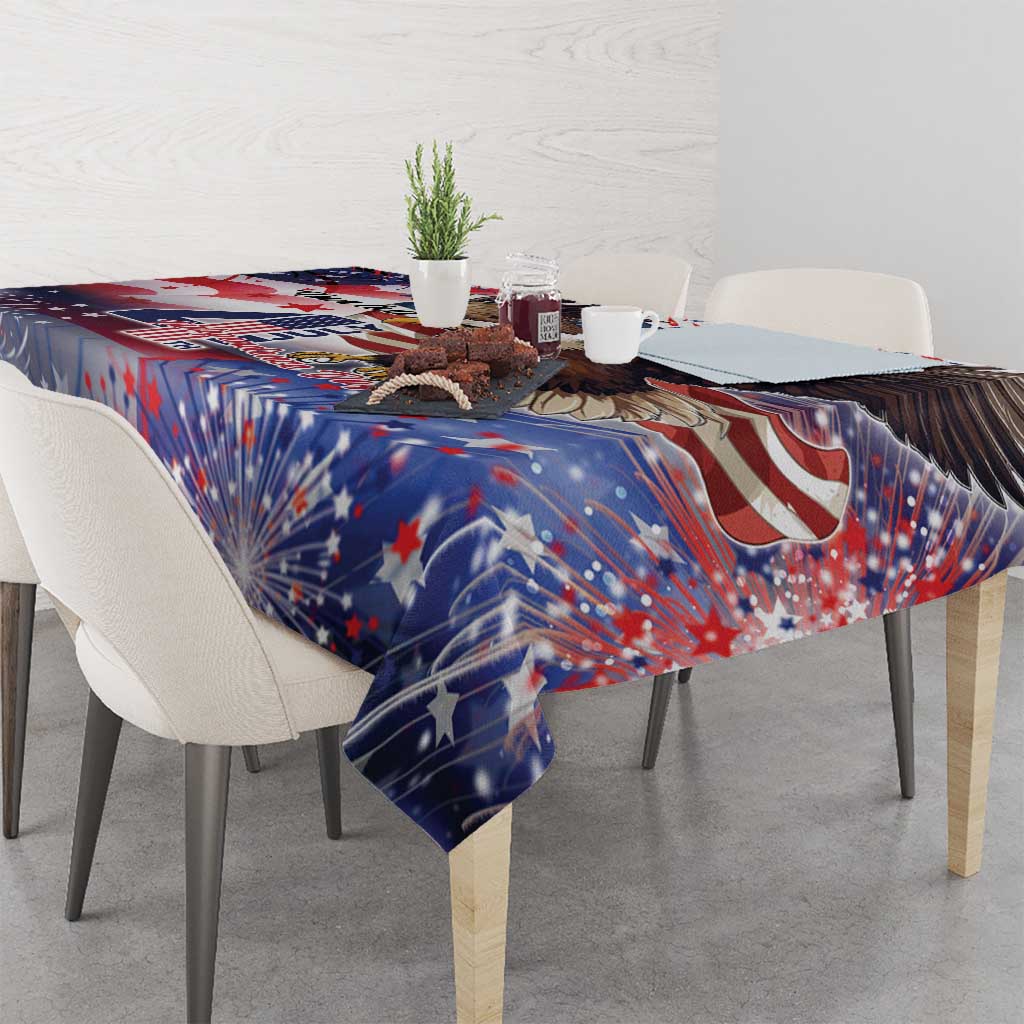 Patriotic tablecloth on a dining table with red stripes, blue stars, and fireworks