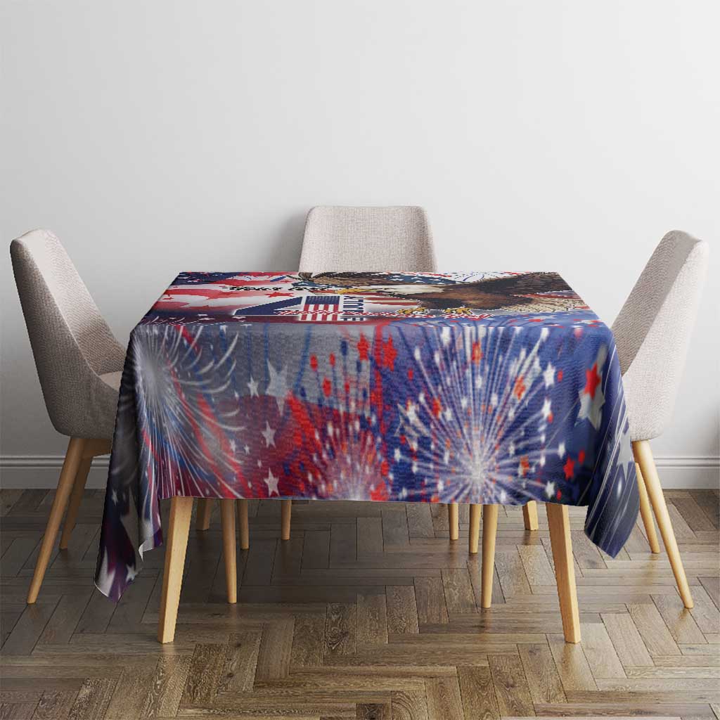 Patriotic tablecloth with blue, red, and white stars, fireworks, and eagle graphic