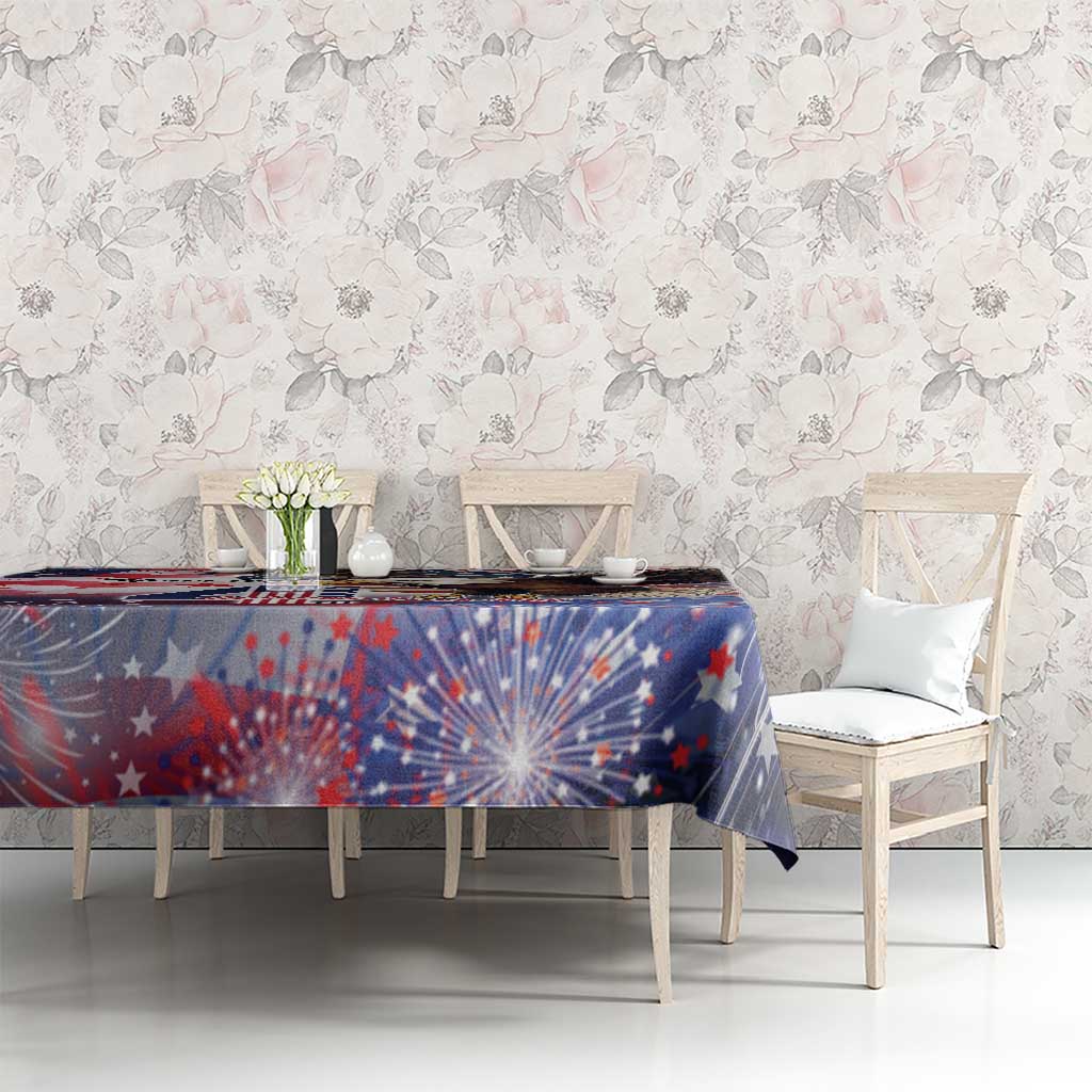 Patriotic tablecloth with eagle, blue stars, and fireworks over a dining set