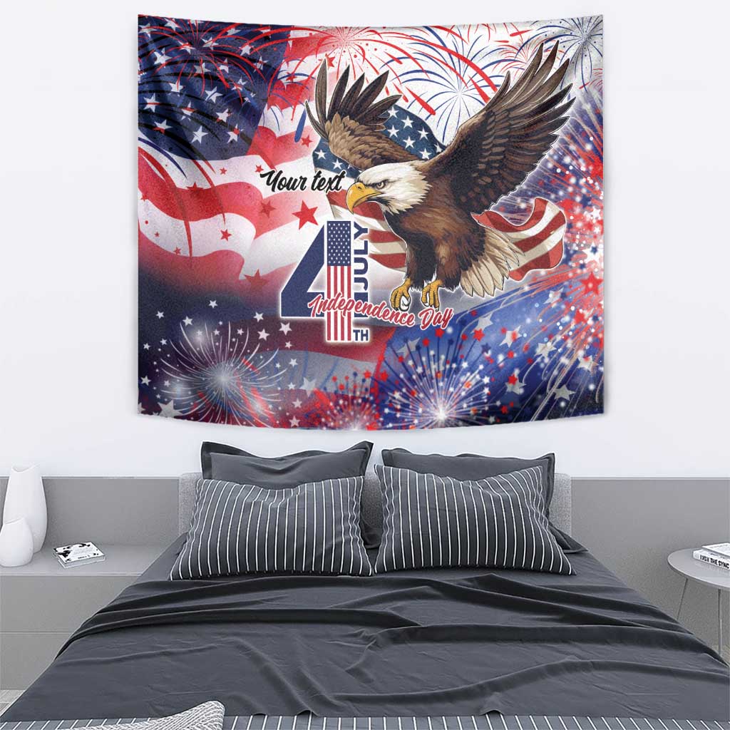 Personalized 4th of July wall tapestry featuring an American eagle with patriotic fireworks