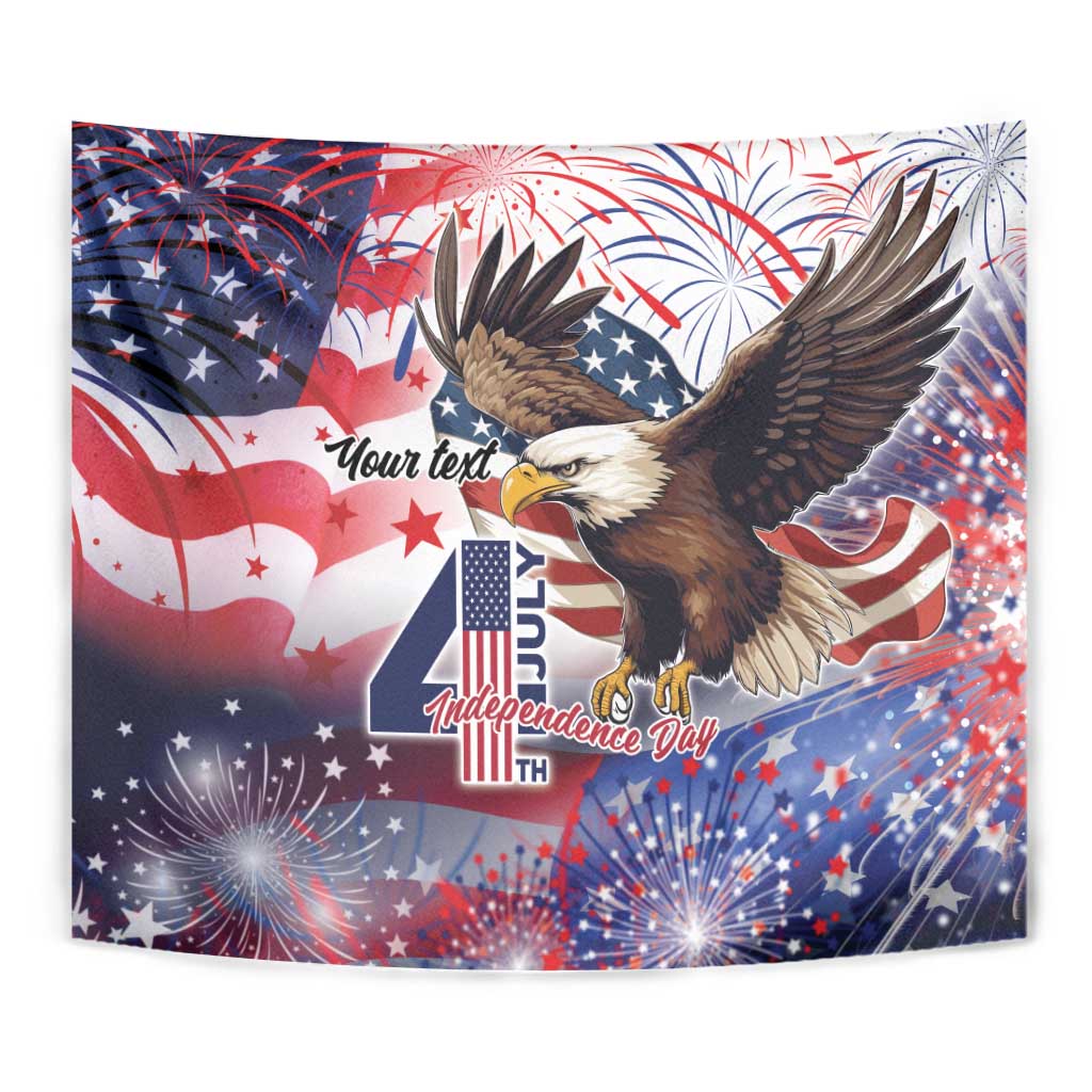 Personalized American eagle 4th of July tapestry close view with fireworks and flag graphics