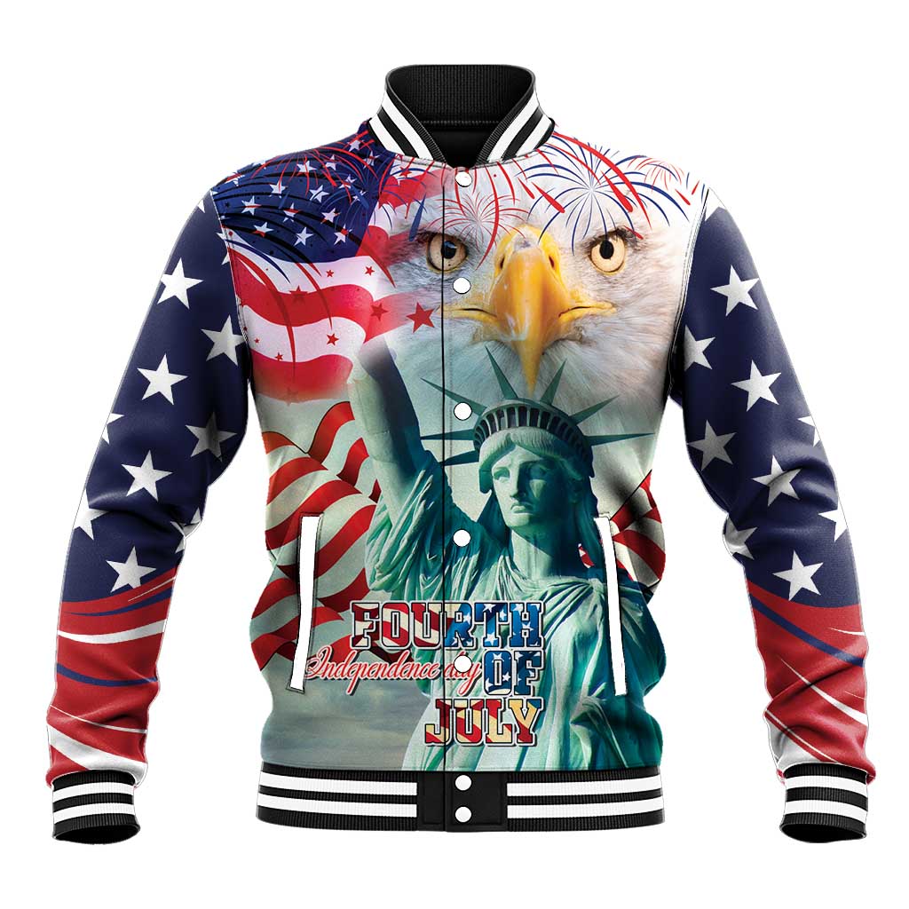 White unisex baseball jacket with patriotic Liberty graphic and star-striped sleeves