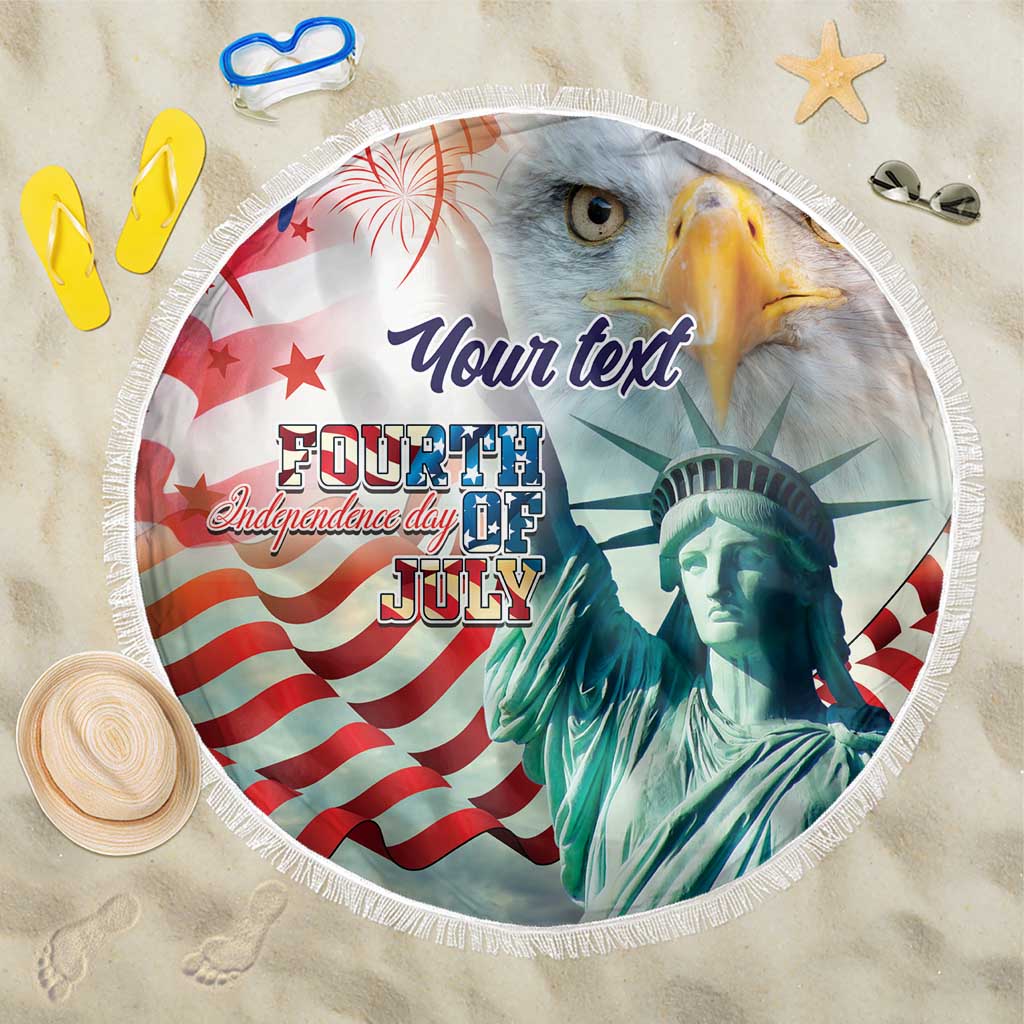Personalized round beach blanket with Statue of Liberty, eagle, and “Your text” design