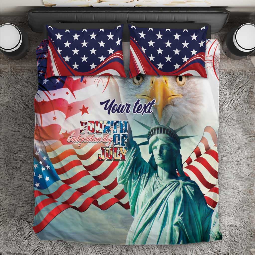 USA flag bedding set featuring Statue of Liberty, with matching pillow shams