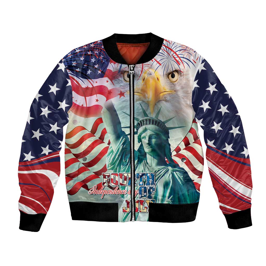 Unisex bomber jacket with USA flag and Statue of Liberty graphic, front zip