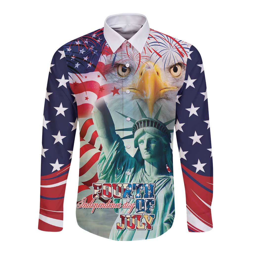 Unisex long-sleeve button shirt with Statue of Liberty patriotic graphic, USA stars