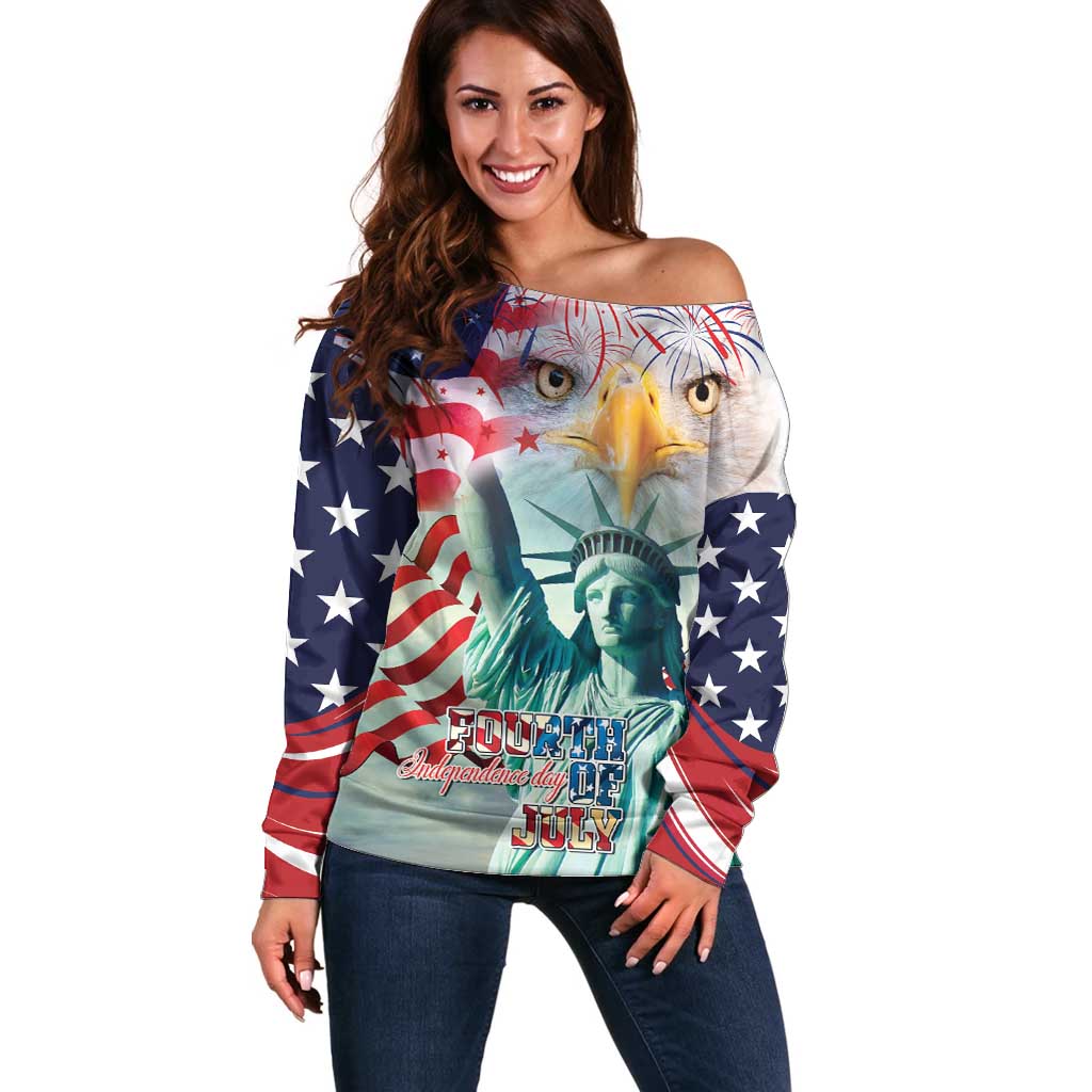 Personalized 4th of July USA Statue of Liberty Off Shoulder Sweater Happy Independence Day - Wonder Print Shop