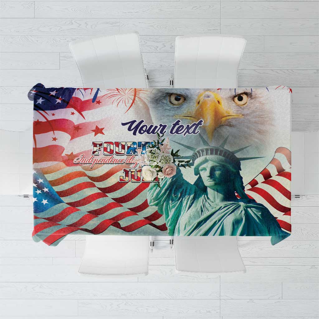 White Independence Day tablecloth with Statue of Liberty, stars, and red-white stripes