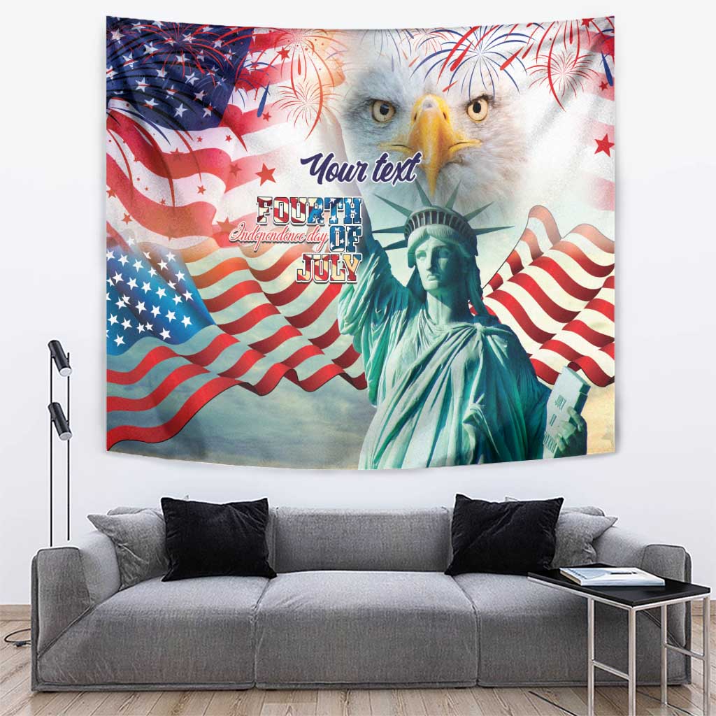 USA Independence Day tapestry with Statue of Liberty, American flags and fireworks accents.