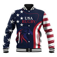 Navy USA rugby varsity baseball jacket with red trim, stars and stripes, button front