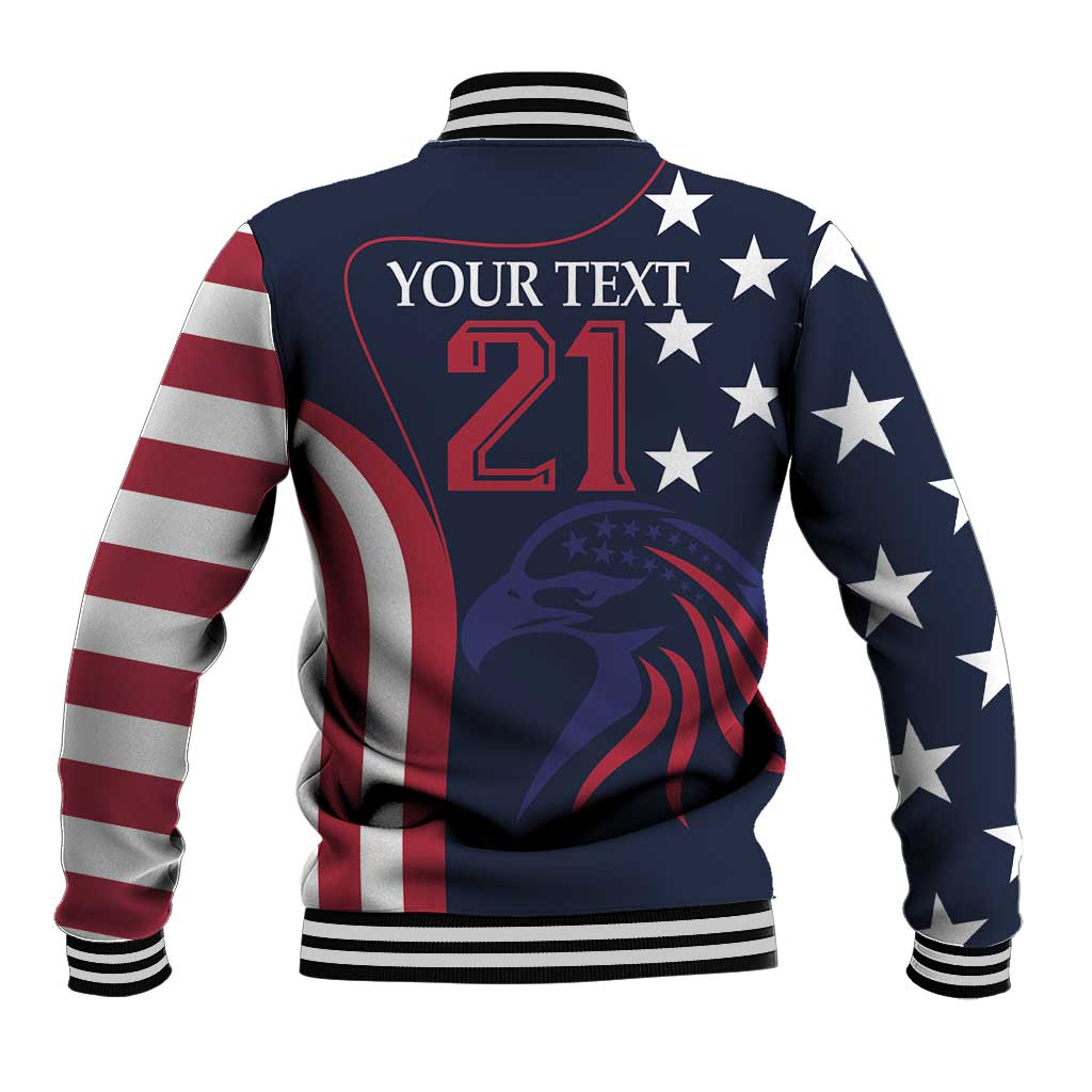 Navy back varsity baseball jacket with stars, red 21 print, striped ribbed collar