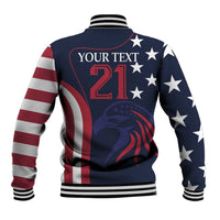 Navy back varsity baseball jacket with stars, red 21 print, striped ribbed collar