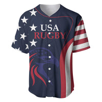 Custom rugby baseball jersey, navy V-neck with USA Rugby logo, stars, red/white side stripe.