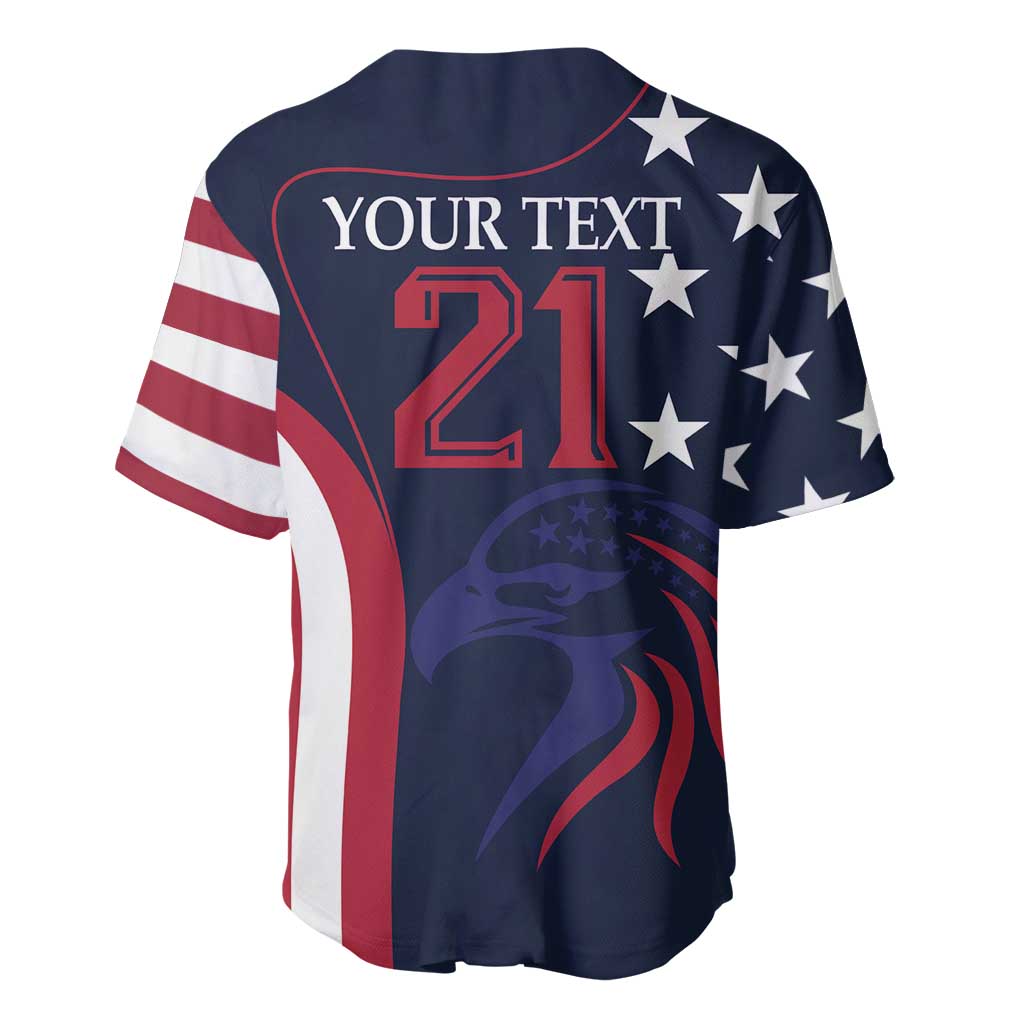 Custom rugby baseball jersey back, navy with 'YOUR TEXT 21', star print and red stripe.
