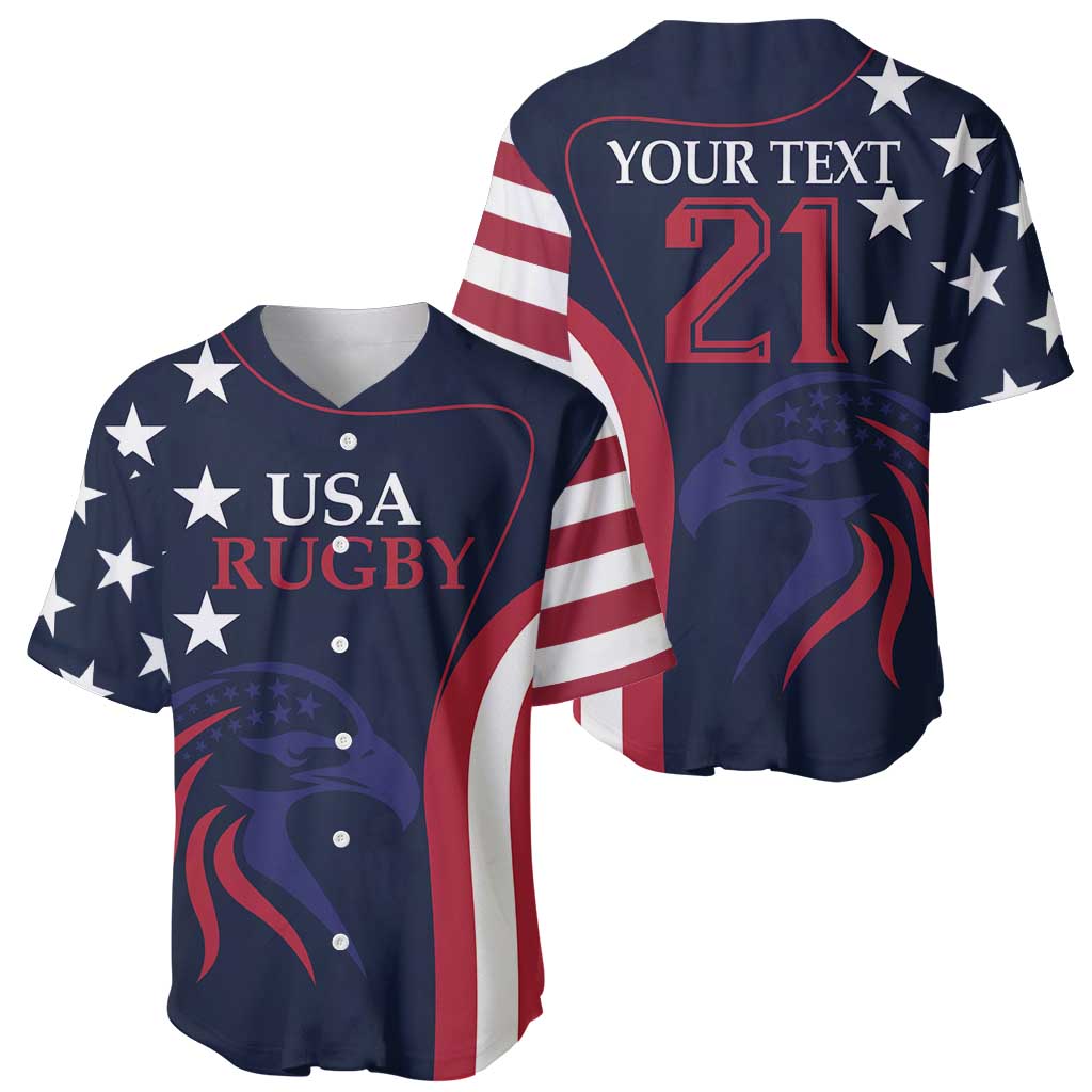 Custom rugby baseball jersey set, navy with USA Rugby print, stars, red/white stripes.