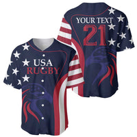 Custom rugby baseball jersey set, navy with USA Rugby print, stars, red/white stripes.