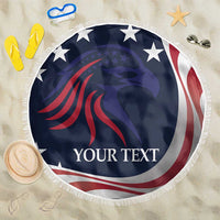 Round navy beach blanket with eagle, stars and red stripes, custom 'YOUR TEXT', white fringe