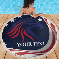 Round navy beach blanket with eagle graphic, stars and red stripes, 'YOUR TEXT', fringed edge