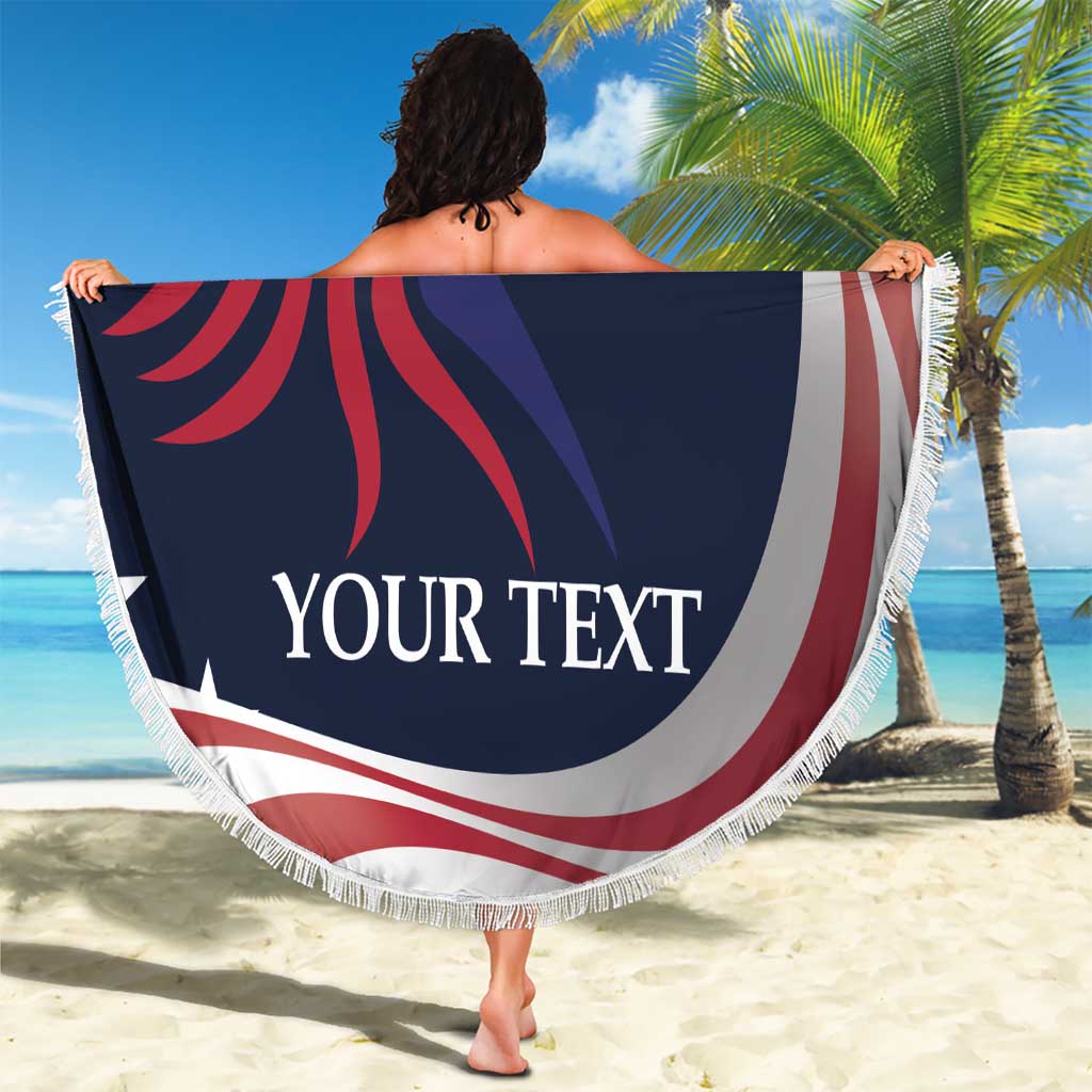 Navy round beach blanket with eagle and stars, red stripes, 'YOUR TEXT' print, fringed