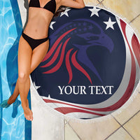 Round navy eagle beach blanket with stars and red stripes, 'YOUR TEXT' center, fringed edge