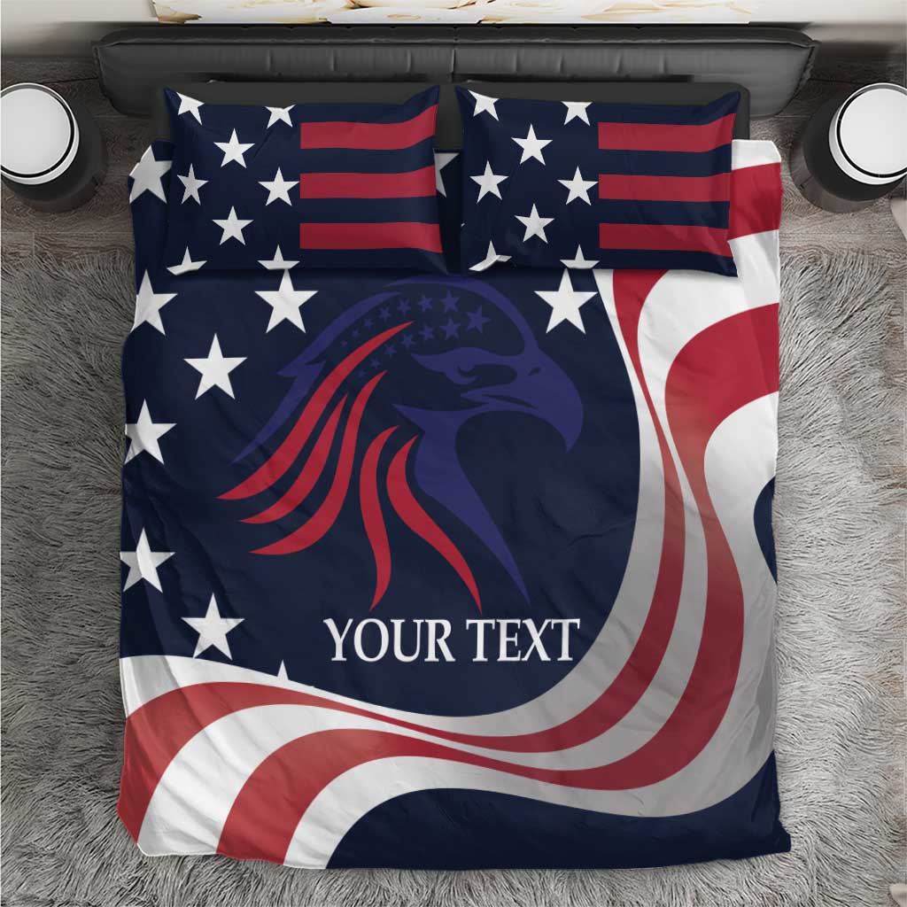 Patriotic bedding set with blue comforter, red-and-white star pattern, and two matching pillows