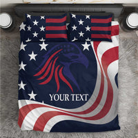 Patriotic bedding set with blue comforter, red-and-white star pattern, and two matching pillows