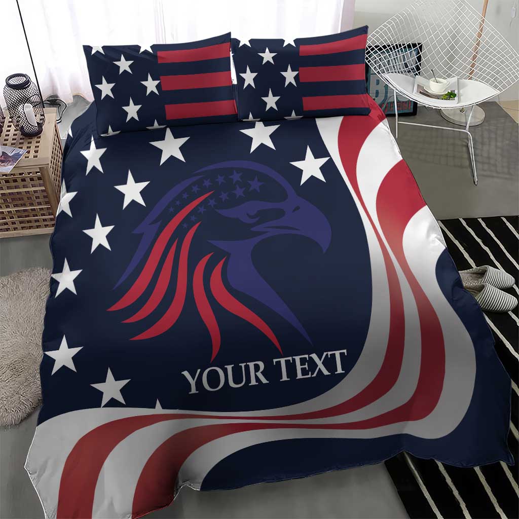 Blue patriotic comforter with red-and-white stars and eagle graphic, paired with two matching shams