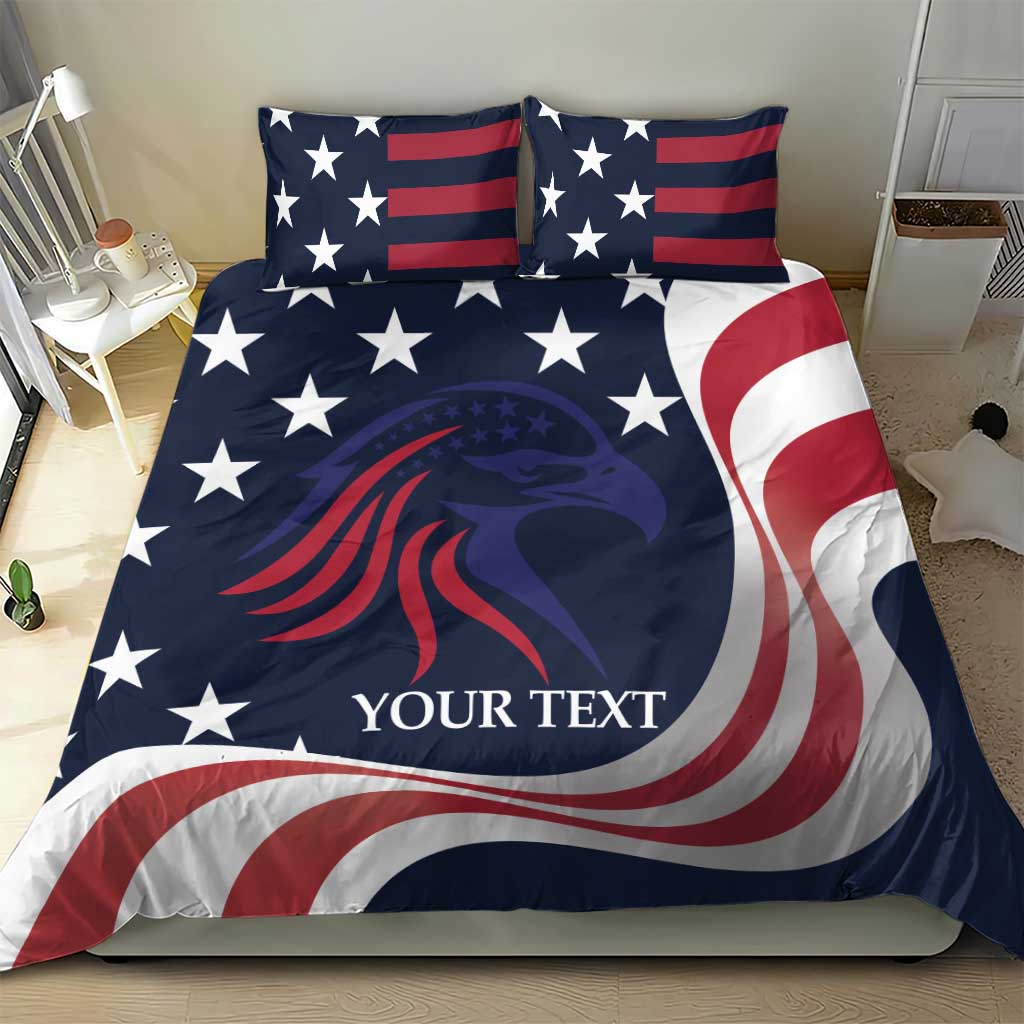 Patriotic bedding set: blue comforter with eagle graphic, stars, and two matching pillow shams