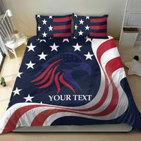 Patriotic bedding set: blue comforter with eagle graphic, stars, and two matching pillow shams