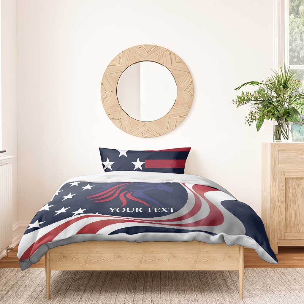 Patriotic bedding set with blue comforter featuring stars and eagle graphic, plus two pillows