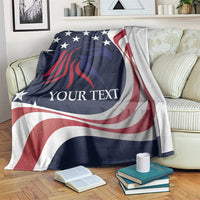 USA rugby blanket with 'YOUR TEXT' draped over loveseat, star-spangled eagle design