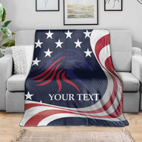 USA rugby blanket with star-and-flag eagle graphic and 'YOUR TEXT', draped on sofa