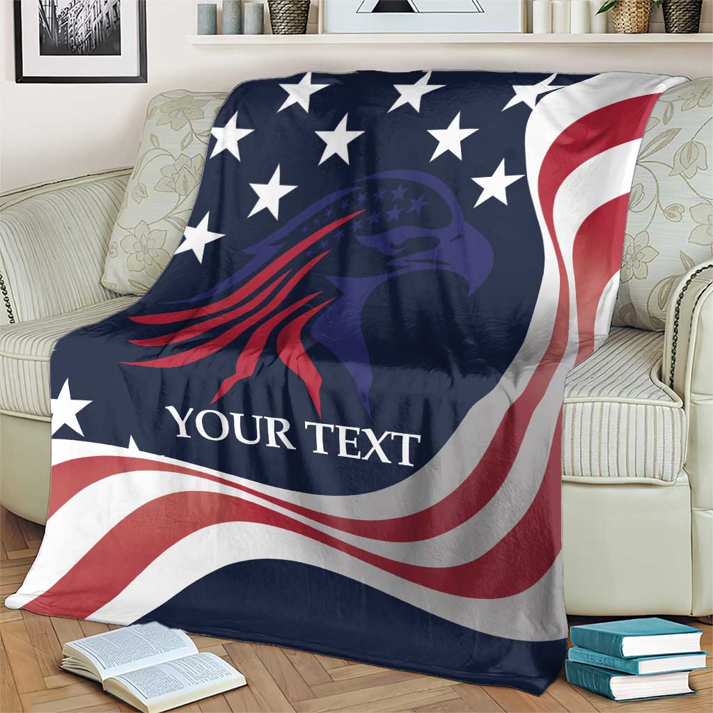 USA rugby blanket with 'YOUR TEXT' over couch, navy, red, and white stars and eagle