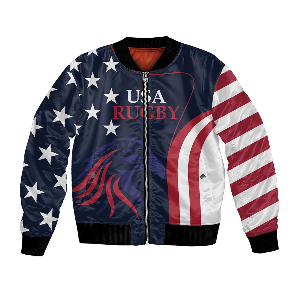 Unisex blue bomber jacket with USA stars, striped graphic, full zip, ribbed cuffs