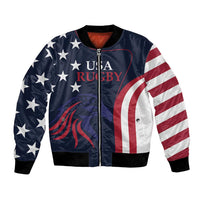 Unisex blue bomber jacket with USA stars, striped graphic, full zip, ribbed cuffs