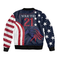 Unisex blue bomber jacket, back graphic with YOUR TEXT 21, stars and red-white stripes