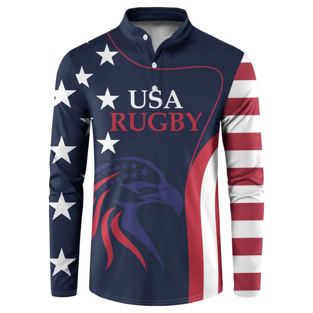 Navy USA Rugby button sweatshirt with star-and-stripe panels, long sleeves