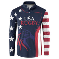 Navy USA Rugby button sweatshirt with star-and-stripe panels, long sleeves