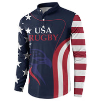 Navy USA Rugby button sweatshirt with star-and-stripe side panels, long sleeves