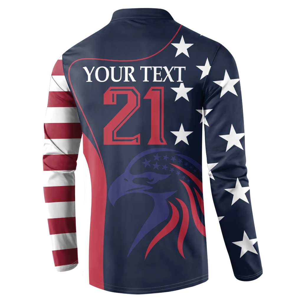 Navy rugby button sweatshirt back with YOUR TEXT 21 and star-and-stripe sleeves