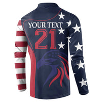 Navy rugby button sweatshirt back with YOUR TEXT 21 and star-and-stripe sleeves