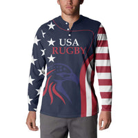 Navy USA Rugby button sweatshirt on model with star-and-stripe sleeves and front print