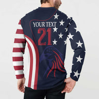 Navy rugby button sweatshirt back with YOUR TEXT 21 and eagle graphic, stars