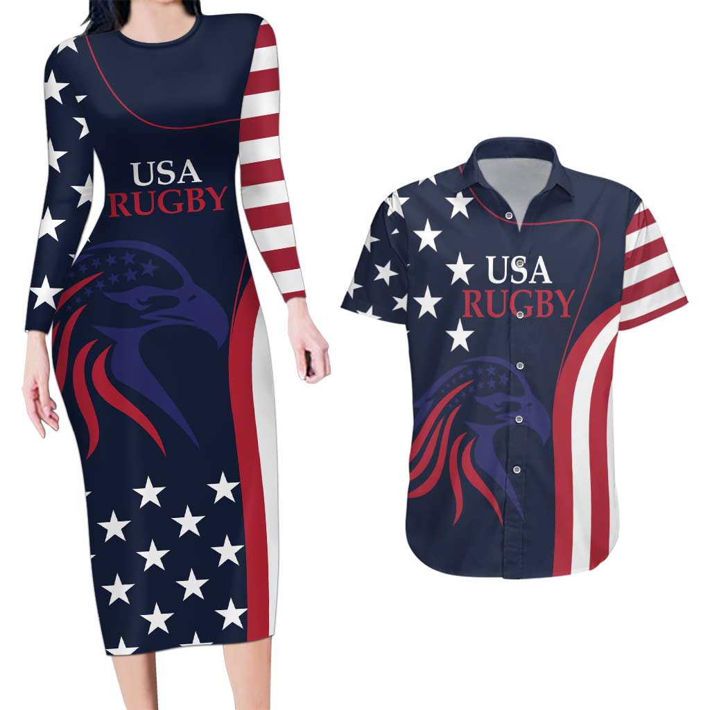 Custom USA Rugby Couples Matching Long Sleeve Bodycon Dress and Hawaiian Shirt The Eagles Summer Paris 2024 LT9 - Wonder Print Shop