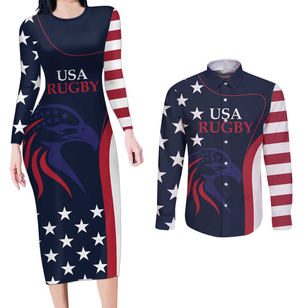 Custom USA Rugby Couples Matching Long Sleeve Bodycon Dress and Long Sleeve Button Shirt The Eagles Summer Paris 2024 LT9 - Wonder Print Shop