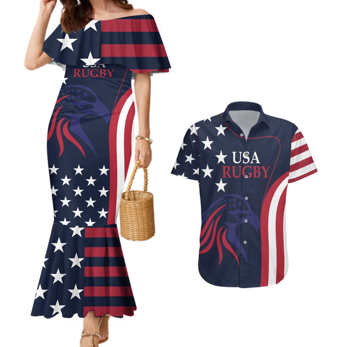 Custom USA Rugby Couples Matching Mermaid Dress and Hawaiian Shirt The Eagles Summer Paris 2024 LT9 - Wonder Print Shop