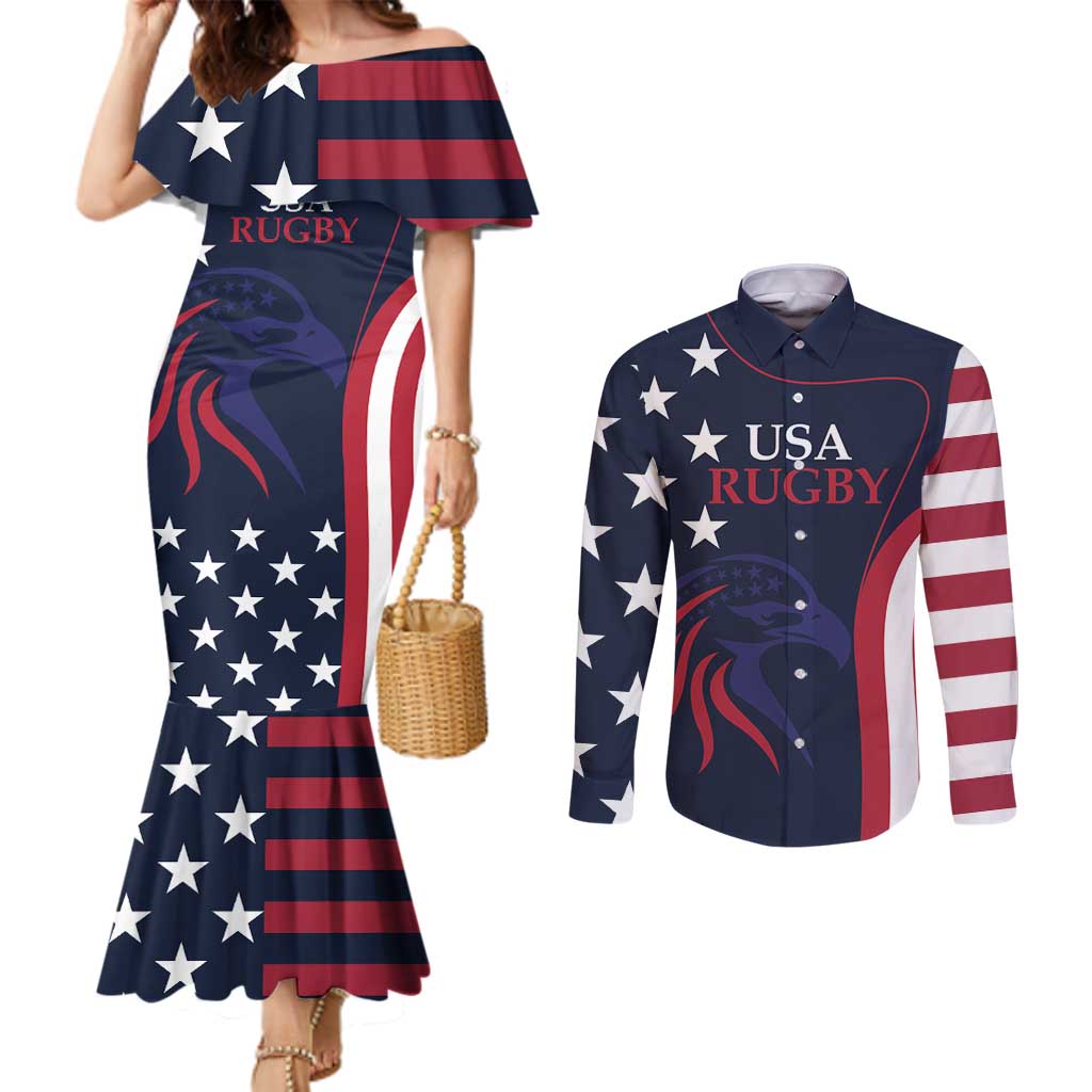 Custom USA Rugby Couples Matching Mermaid Dress and Long Sleeve Button Shirt The Eagles Summer Paris 2024